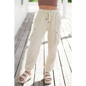 POL Waffle Knit Slouchy Cargo Joggers in Cream